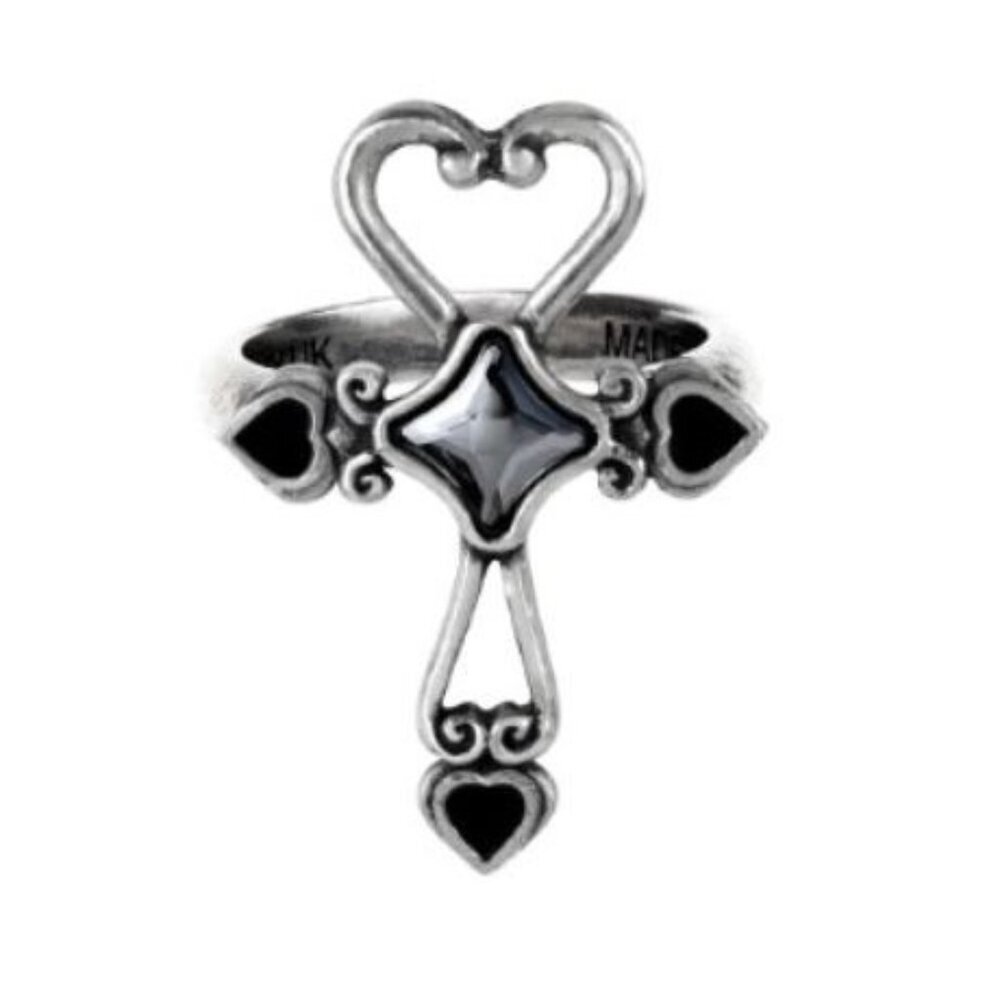 Amourankh Ring ✦ Alchemy Gothic Heart Ankh ✦ Hematite Cabochon Rare Pewter Sz 7
